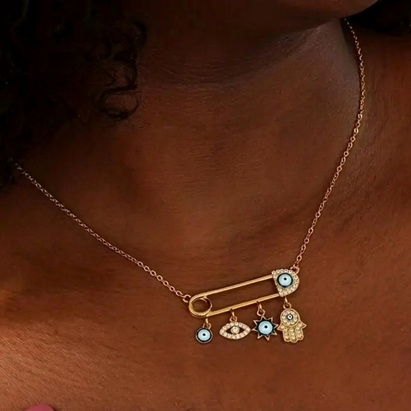 Trendy 925 Sterling Silver Plated Boho Evil Eye Pendant Safety Pin Necklace - Picture 8 of 8